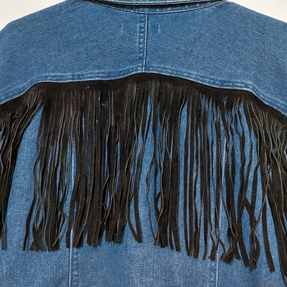 SHEIN Blue Jean Jacket with Black Fringe Western Rodeo Fun Festival - Picture 6 of 8